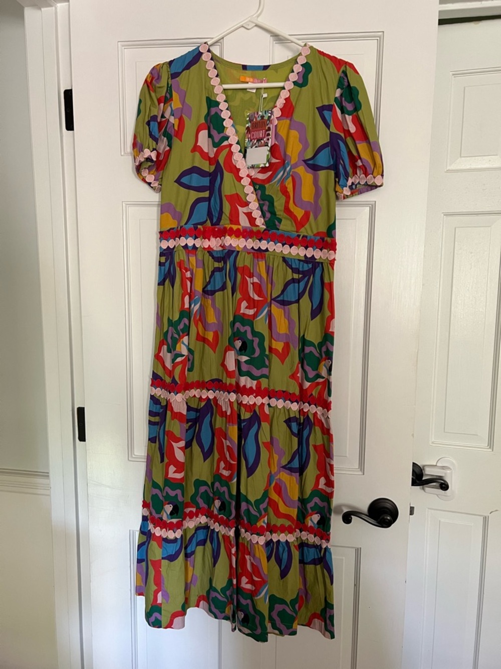 Green Multicolor Floral Maxi Dress with Pink Trim